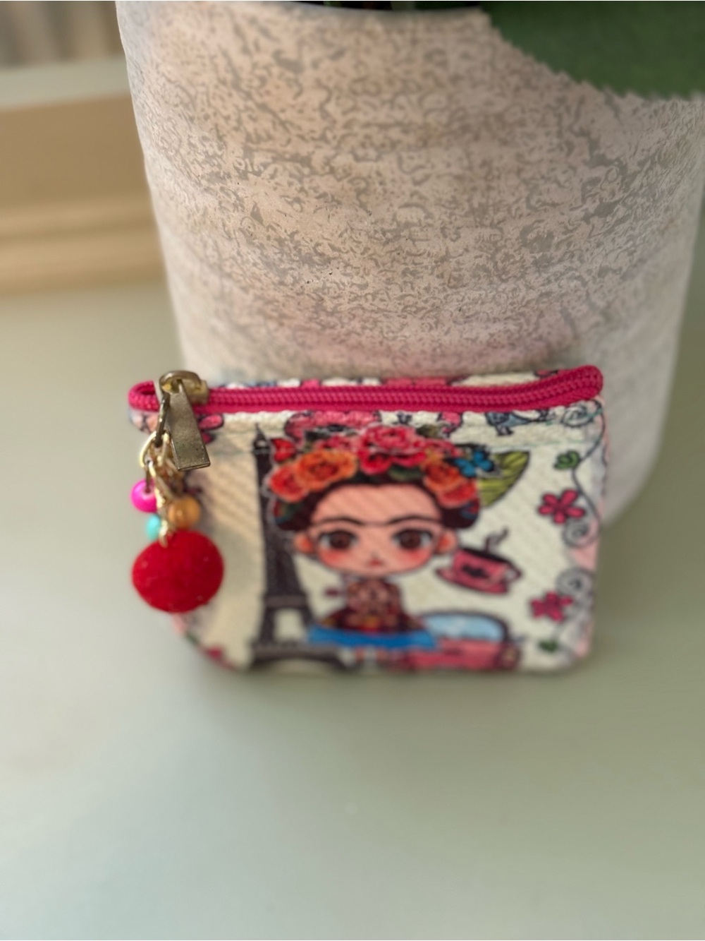 Kids Pink Frida-Inspired Coin Purse with Pom Pom Charm